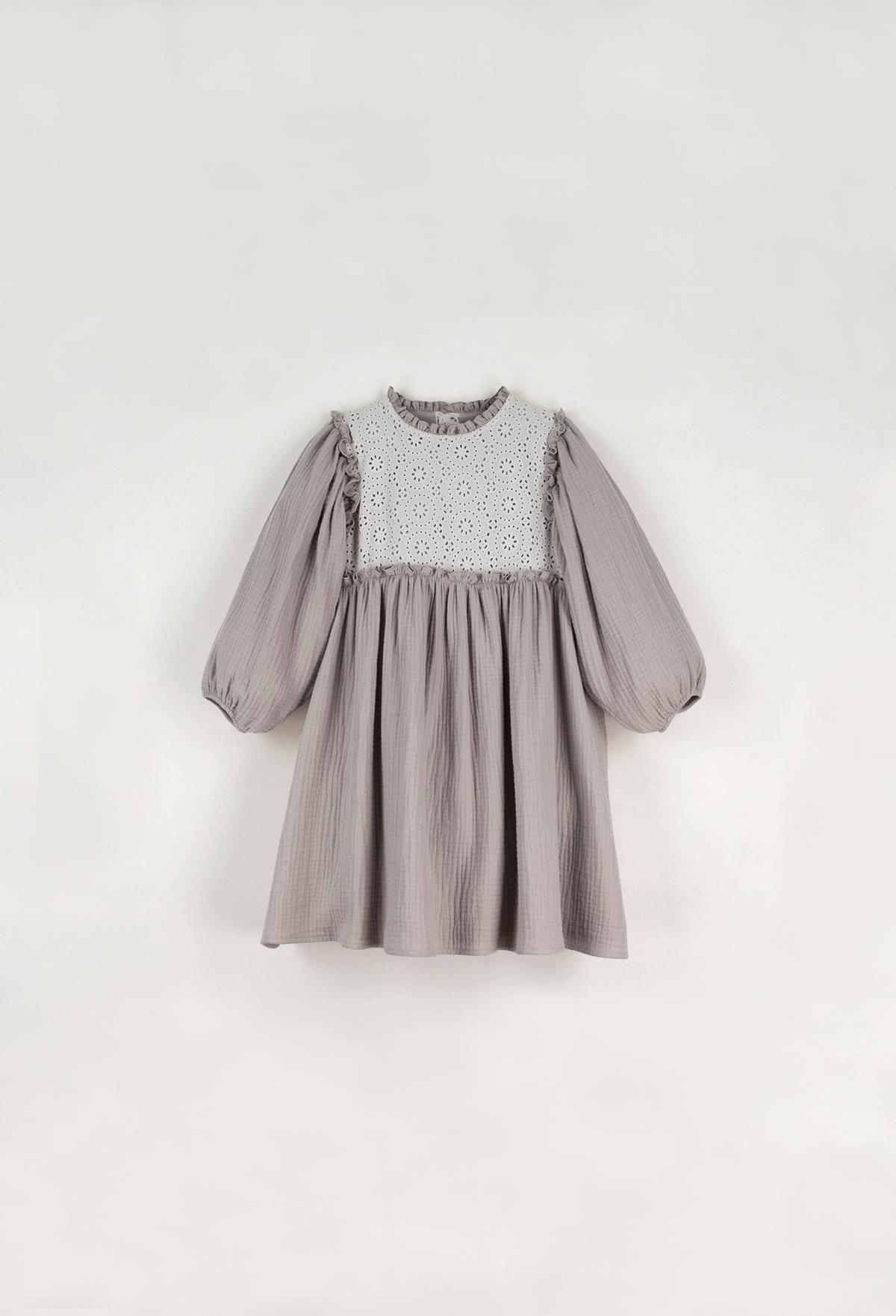 Mod.34.1 Taupe dress with yoke and Swiss embroidery